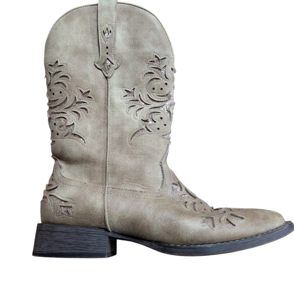Roper Kennedy Western Cowboy Boots Tan Glitter Tooled Inlay Square Toe Size 9.5 - Picture 5 of 11